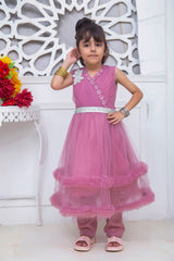 FRILL STYLE FROCK IN PURPLISH PINK COLOR MADE WITH IMPORTED NET FABRIC