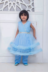 FRILL STYLE FROCK IN SKY BLUE COLOR MADE WITH IMPORTED NET FABRIC