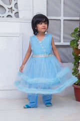 FRILL STYLE FROCK IN SKY BLUE COLOR MADE WITH IMPORTED NET FABRIC