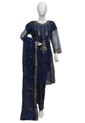 3 PIECE ORGANZA EMBROIDERED SUIT IN DARK BLUE COLOR