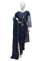 3 PIECE ORGANZA EMBROIDERED SUIT IN DARK BLUE COLOR