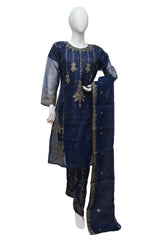 3 PIECE ORGANZA EMBROIDERED SUIT IN DARK BLUE COLOR