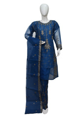 3 PIECE ORGANZA EMBROIDERED SUIT IN BLUE COLOR