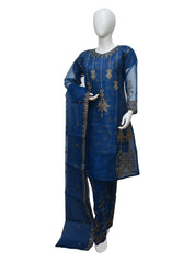 3 PIECE ORGANZA EMBROIDERED SUIT IN BLUE COLOR