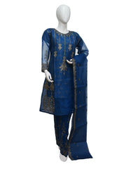 3 PIECE ORGANZA EMBROIDERED SUIT IN BLUE COLOR