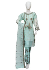 3 PIECE ORGANZA EMBROIDERED SUIT IN SEA GREEN COLOR