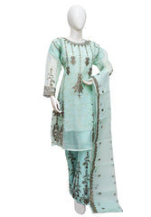 3 PIECE ORGANZA EMBROIDERED SUIT IN SEA GREEN COLOR