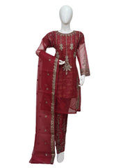 3 PIECE ORGANZA EMBROIDERED SUIT IN RED COLOR