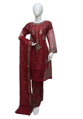 3 PIECE ORGANZA EMBROIDERED SUIT IN RED COLOR