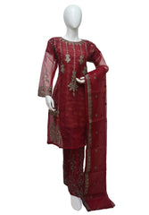 3 PIECE ORGANZA EMBROIDERED SUIT IN RED COLOR